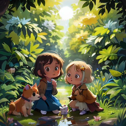 two children sitting on the ground next to a dog and a pond in a forest with trees and grass