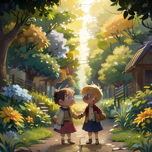 two children are walking down a path in the woods with a dog on the leash and a dog on the leash