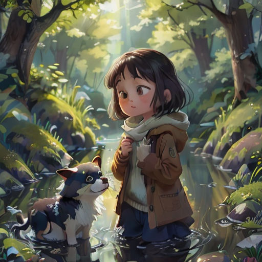 a girl and a dog are standing in the water in a forest with sunlight streaming through the trees and leaves