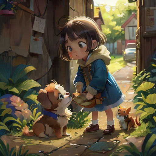 a little girl is holding a dog and looking at it's face in the distance while standing next to a dog