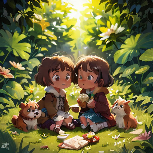 two children sitting on the ground with their dogs eating food in the woods, with the sun shining through the leaves
