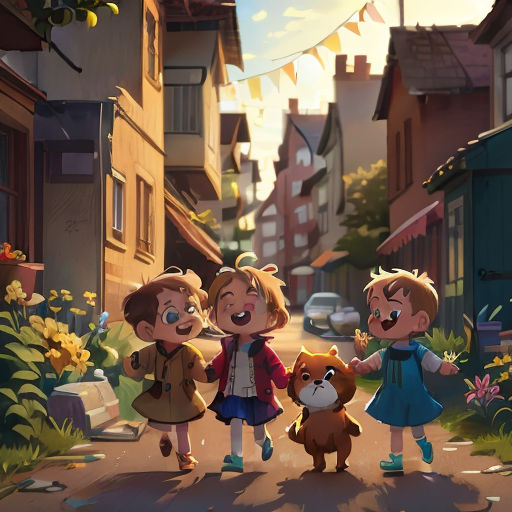 a group of children standing on a street next to a dog and a cat in front of a building