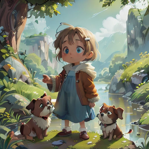 a little girl standing next to two dogs in a forest with a river behind her and a forest scene behind her
