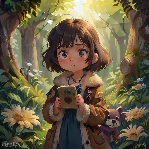a girl in a forest holding a camera and looking at a picture on a tablet screen with a bear in the background
