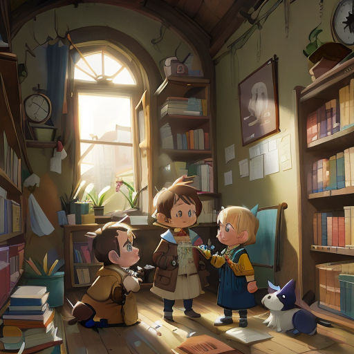 a group of children standing in a room with books on the shelves and a cat on the floor next to them