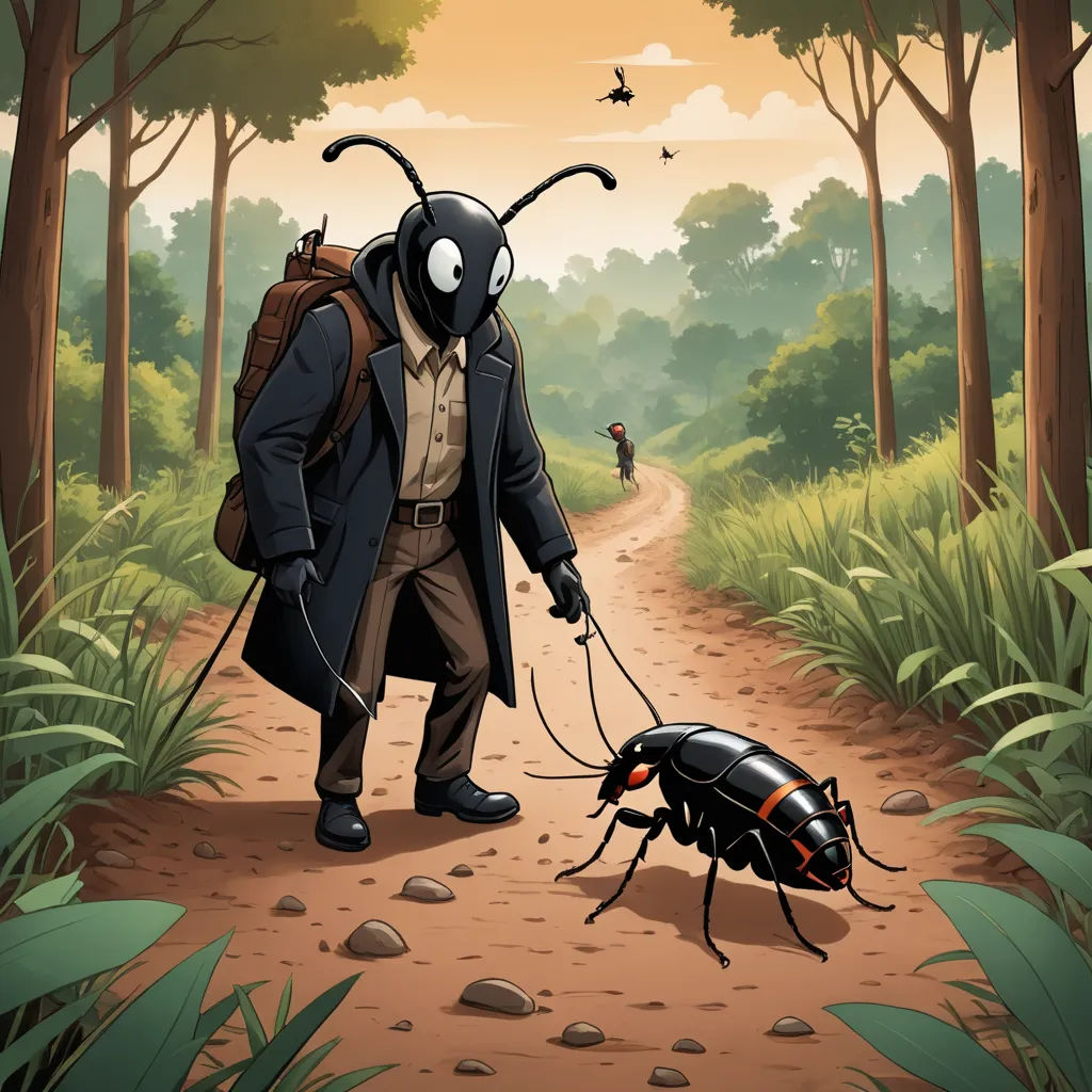 a bug pulling a man on a leash in the woods with a bug on a leash in front of him, neo-primitivism, a storybook illustration, Asaf Hanuka, comic cover art