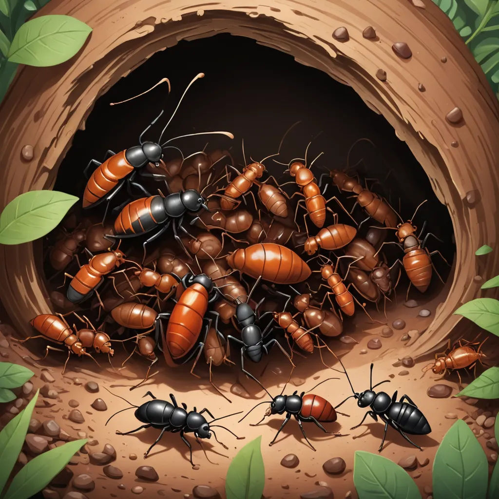a group of ants crawling out of a hole in the ground with leaves around them and a hole in the ground with leaves surrounding it, incoherents, a storybook illustration, Andrew Robertson, furaffinity