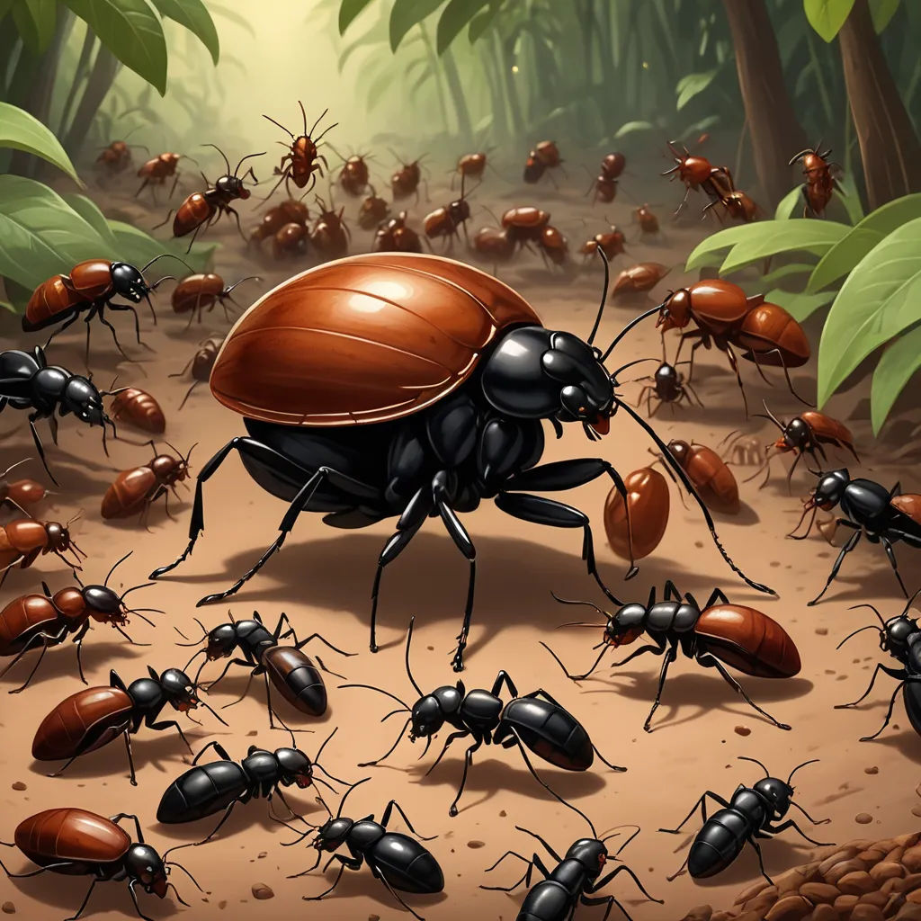 a group of ants in a forest with a red bug on the ground and a group of black ants on the ground, antipodeans, a storybook illustration, Craola, furaffinity