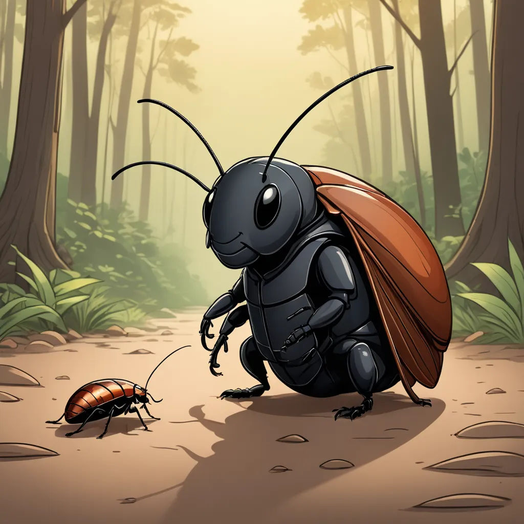 a bug that is standing on a dirt ground in the woods with a bug crawling on it's back, incoherents, a storybook illustration, Craola, storybook illustration