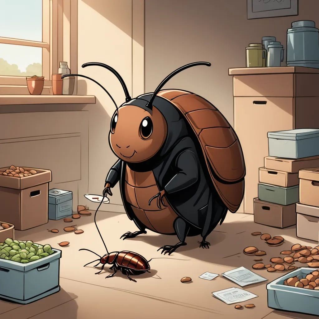 a bug is standing on the floor in a room with boxes of nuts and a window with a light shining on it, arbeitsrat für kunst, a storybook illustration, David Teniers III, detailed illustration