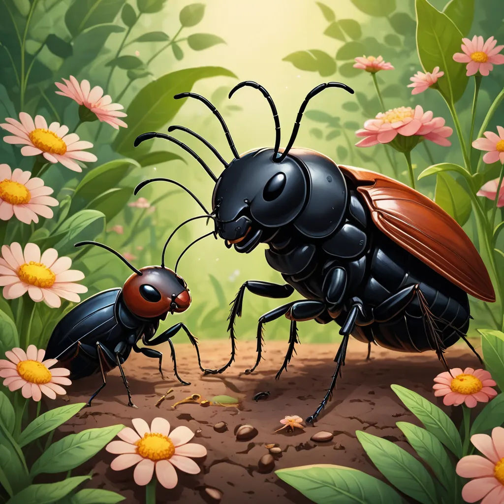 a couple of bugs standing on top of a dirt field next to flowers and leaves on a sunny day, fantasy art, a storybook illustration, Craola, highly detailed digital painting