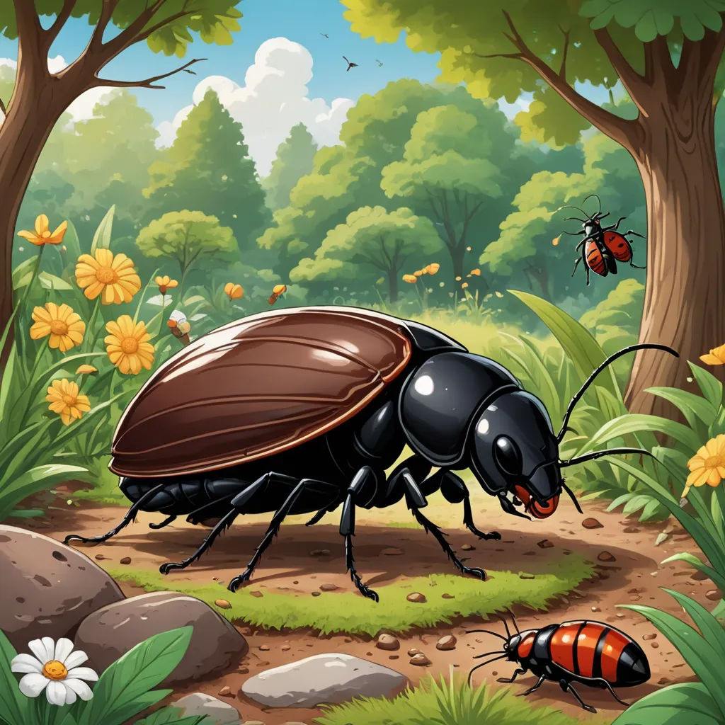 a bug and two bugs in a forest with flowers and trees in the background illustration for children's book, ecological art, a storybook illustration, Craola, detailed illustration