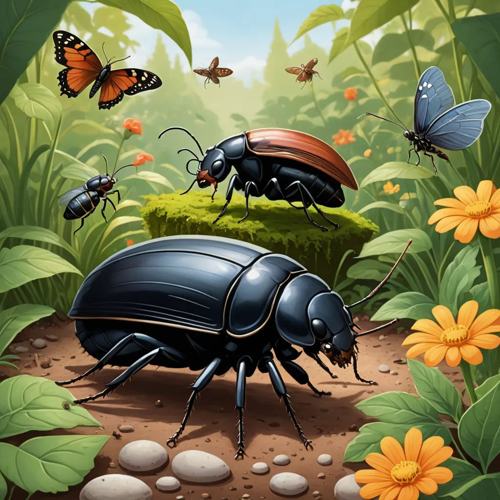 a group of bugs in the forest with butterflies flying around them and a butterfly on the ground near them, naturalism, a storybook illustration, Craola, highly detailed digital painting