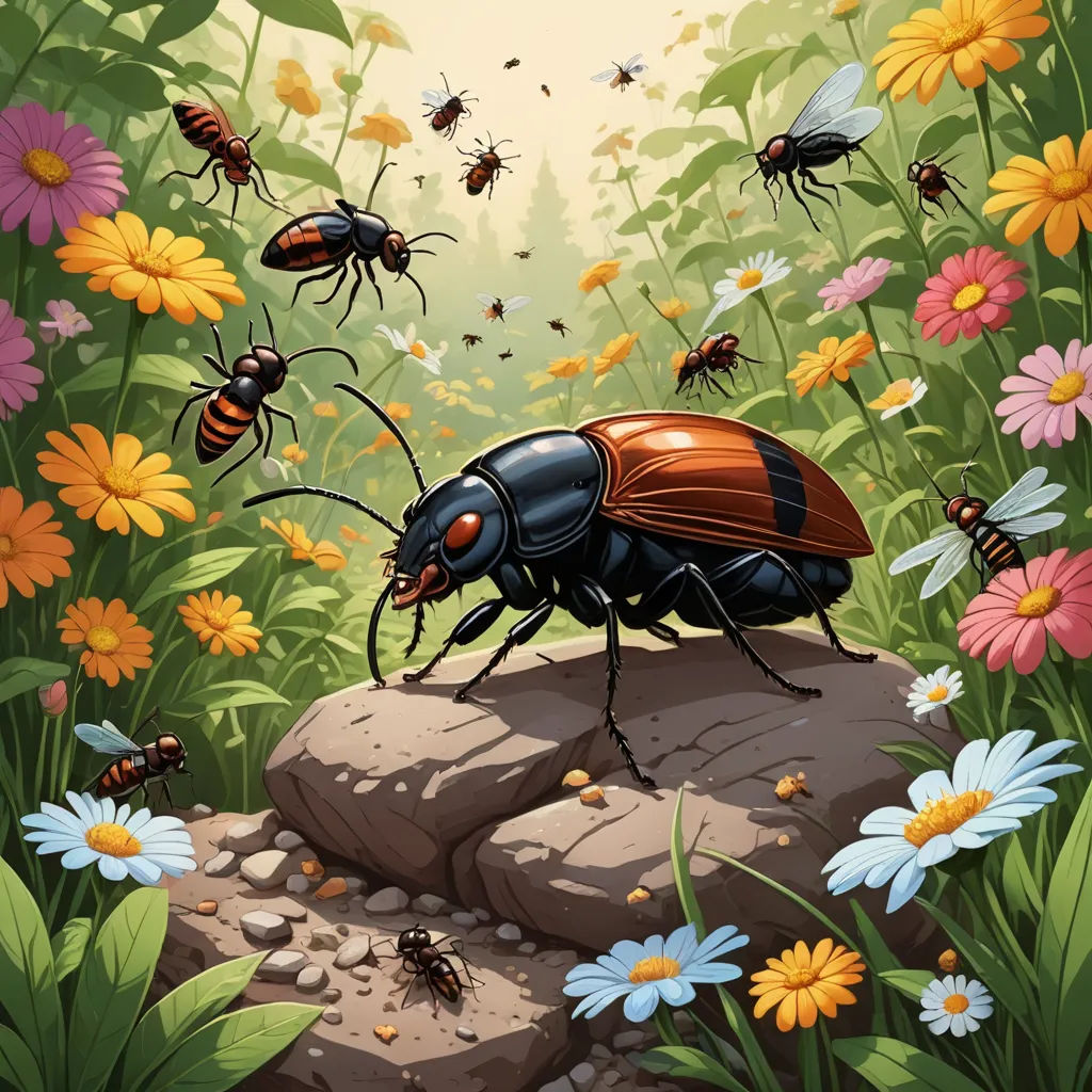 a group of bugs in a field of flowers and grass with a ladybug on the ground in the foreground, ecological art, a storybook illustration, Chris LaBrooy, detailed illustration