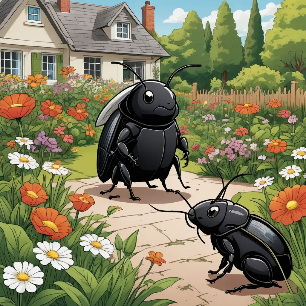 two bugs are standing in a garden with flowers and a house in the background, one is black and the other is red, environmental art, a storybook illustration, Cliff Childs, storybook illustration