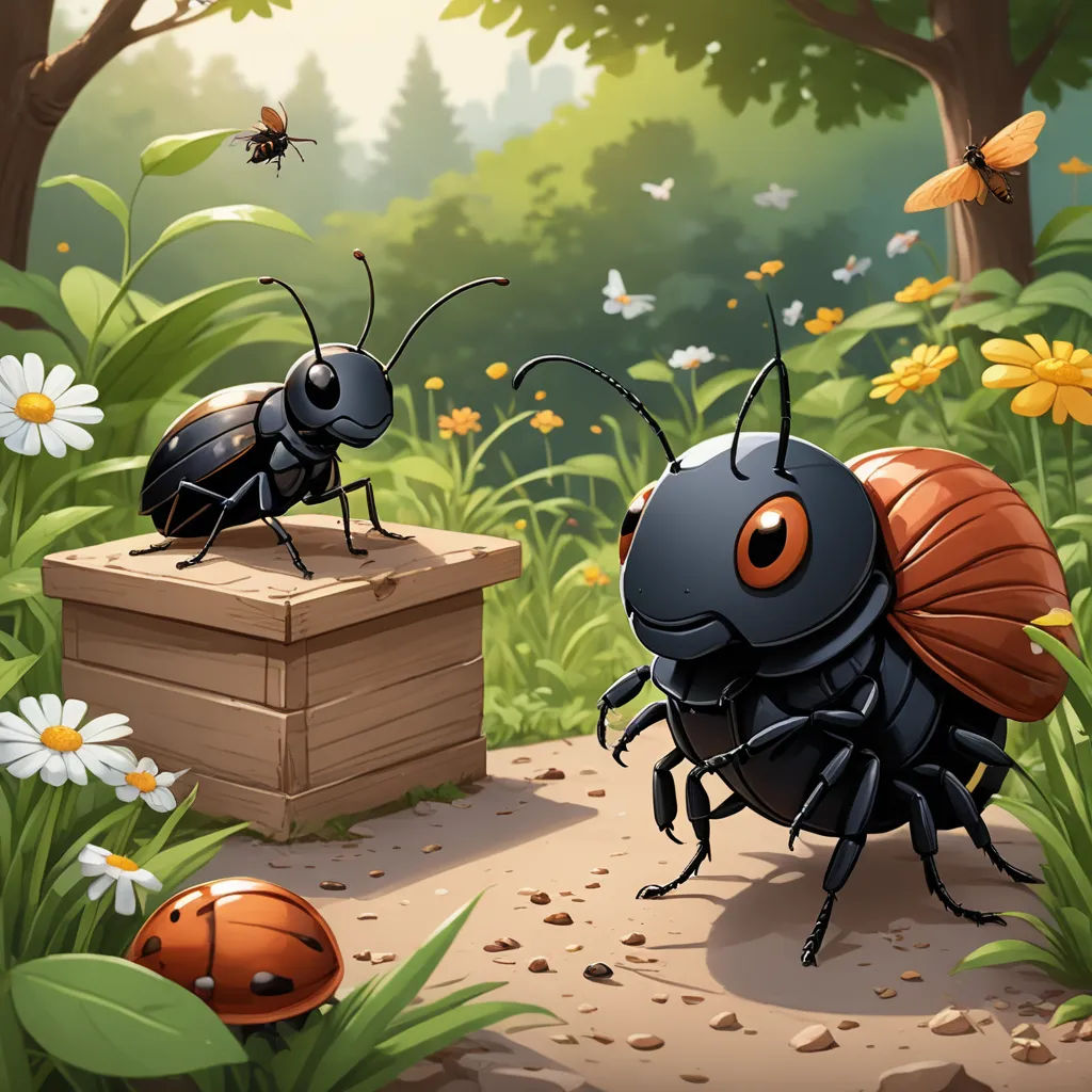 a couple of bugs standing on top of a wooden box in a forest filled with flowers and grass and bees, environmental art, a storybook illustration, Andries Both, game art