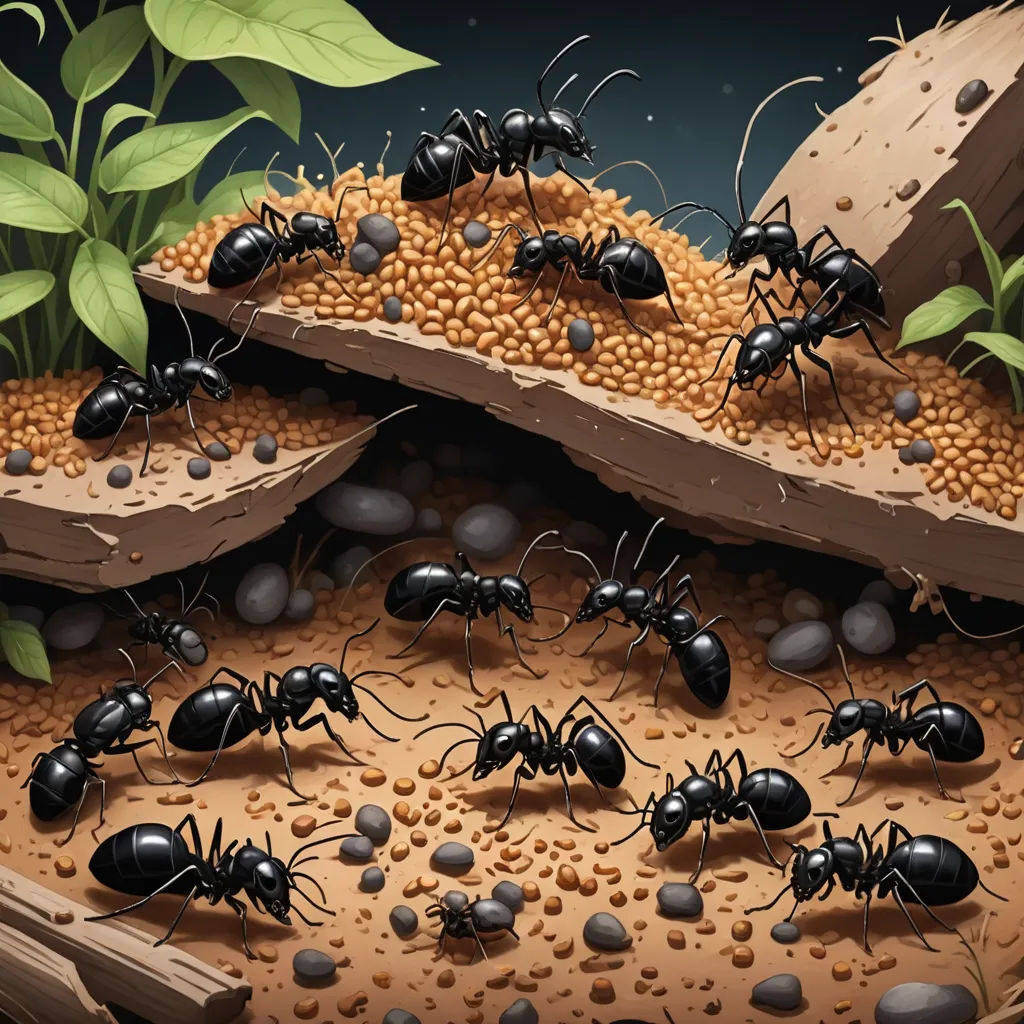 a group of ants are gathered around a pile of food and beans on a table with leaves and rocks, incoherents, an illustration of, Chris LaBrooy, detailed illustration