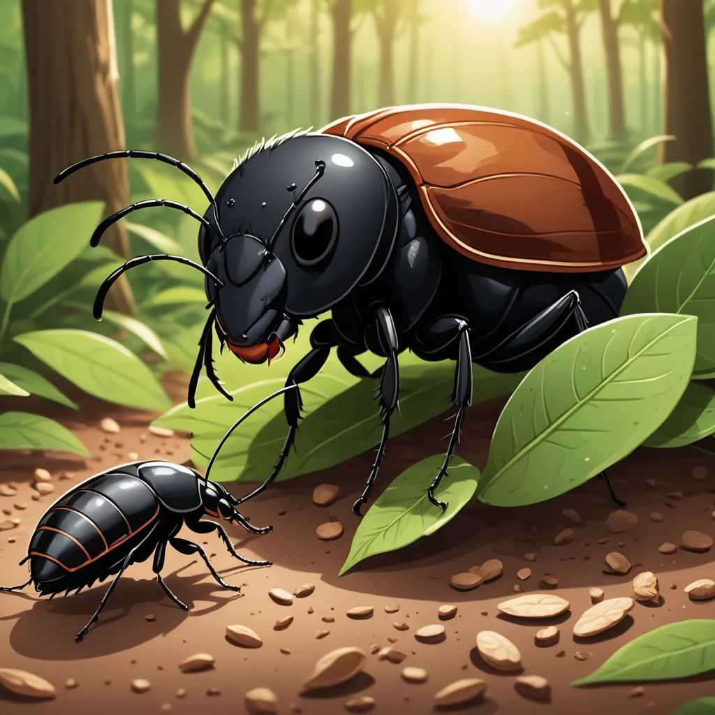 a bug and a bug on a leaf in the forest illustration by alex krautke for the new york times, sots art, a storybook illustration, Ada Gladys Killins, detailed illustration