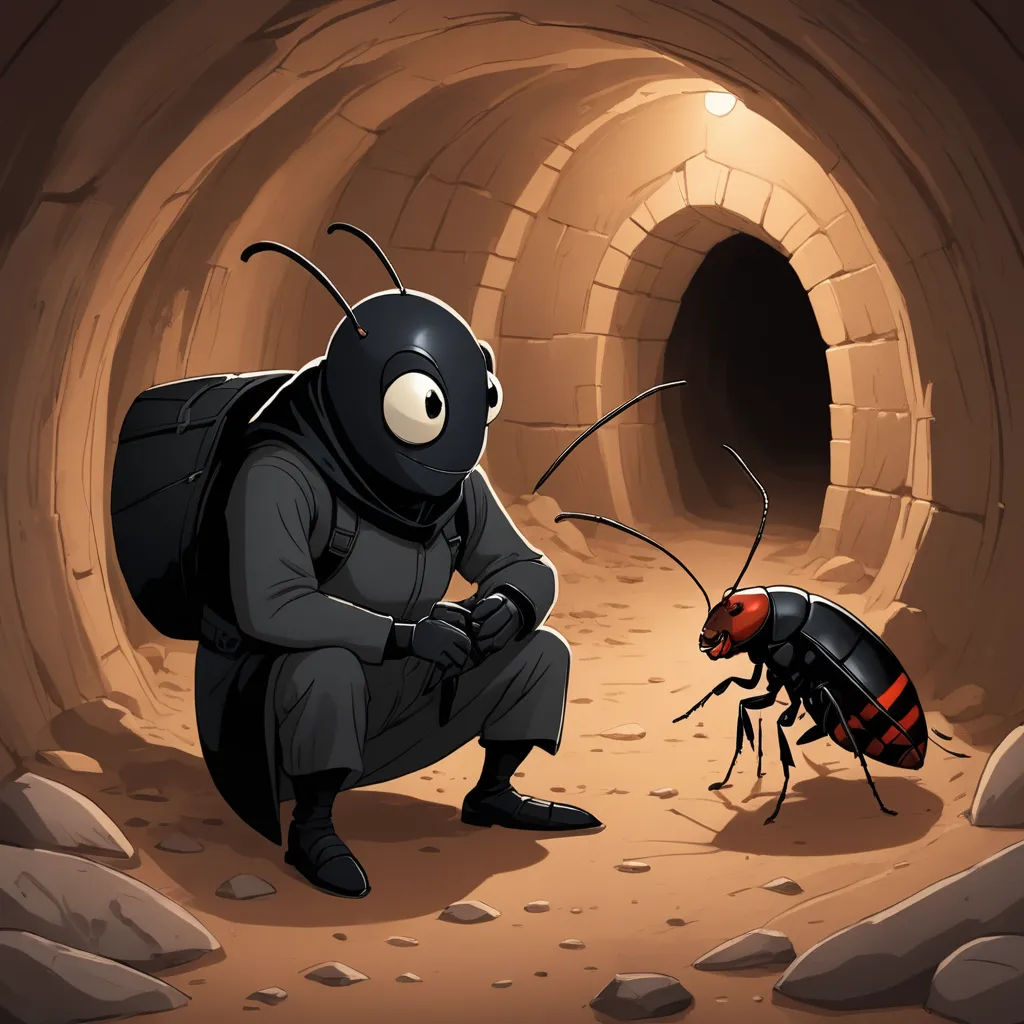 a man kneeling down next to a bug in a tunnel with a light on it's head and another bug in the background, underground comix, a storybook illustration, Aaron Jasinski, game art