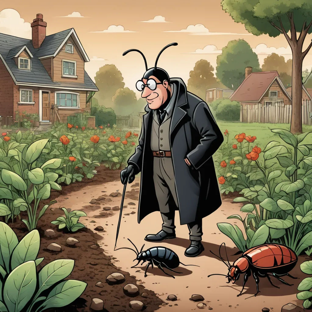 a cartoon of a man with a bug in his hand and a lady bug in the other hand on a dirt path, synthetism, a storybook illustration, Ernst Thoms, promotional image