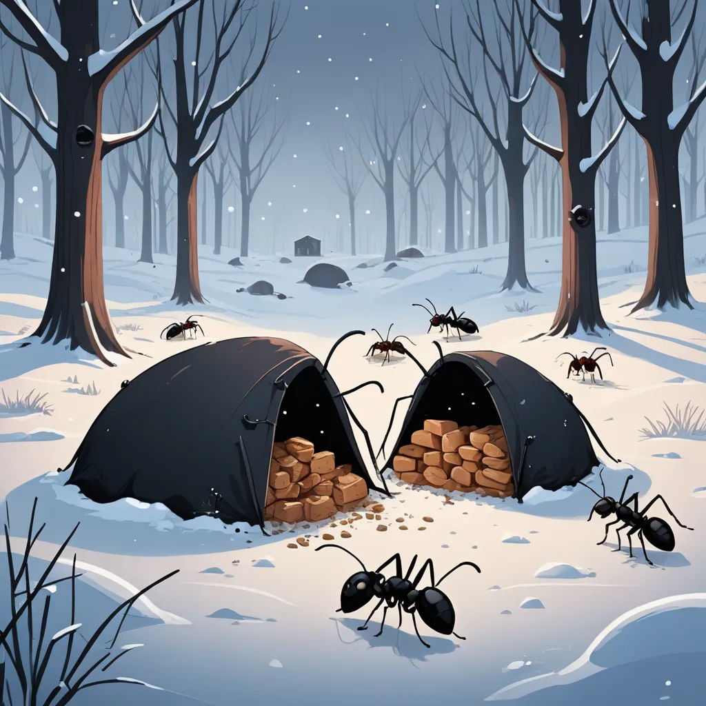 a group of ants crawling around a tent in the snow near trees and rocks in the woods at night, serial art, a storybook illustration, Dan Mumford, detailed illustration
