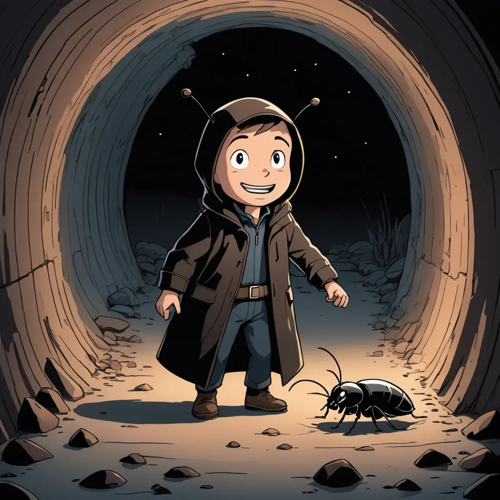 a cartoon character is walking through a tunnel with a bug on the ground in front of him and a bug crawling in the middle of the tunnel, underground comix, a storybook illustration, Diego Gisbert Llorens, storybook illustration