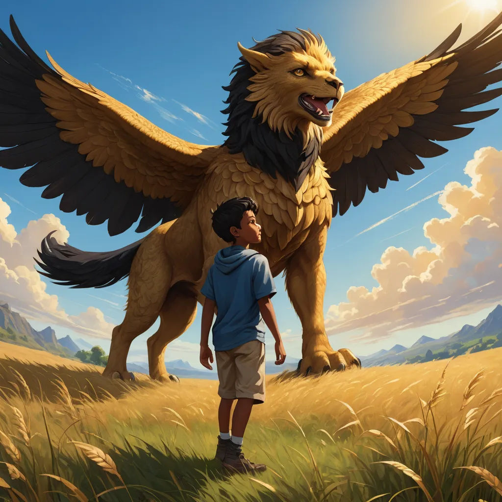 a boy and a large bird in a field of grass with a sky background and clouds in the background, fantasy art, a storybook illustration, Chris LaBrooy, official art
