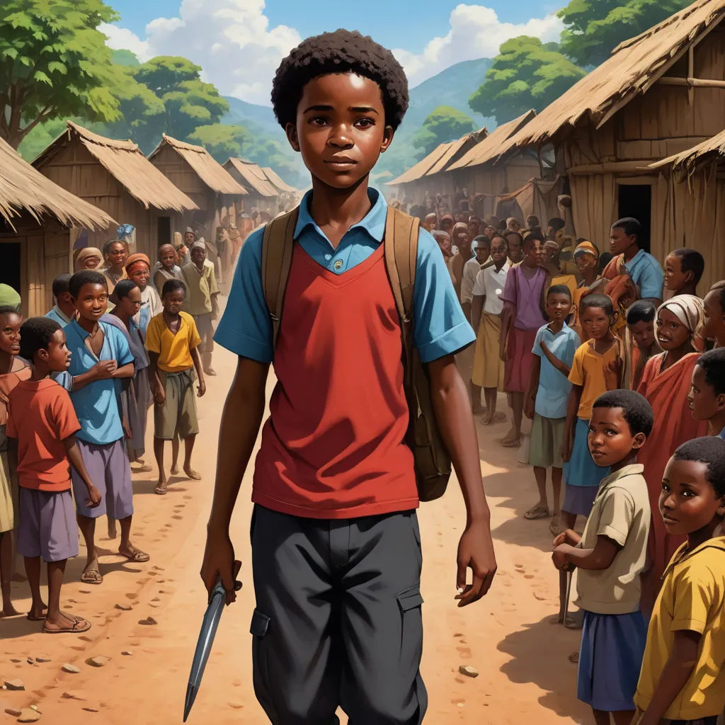a painting of a boy with a knife in front of a group of children in a village with huts, serial art, poster art, Cedric Seaut (Keos Masons), official art