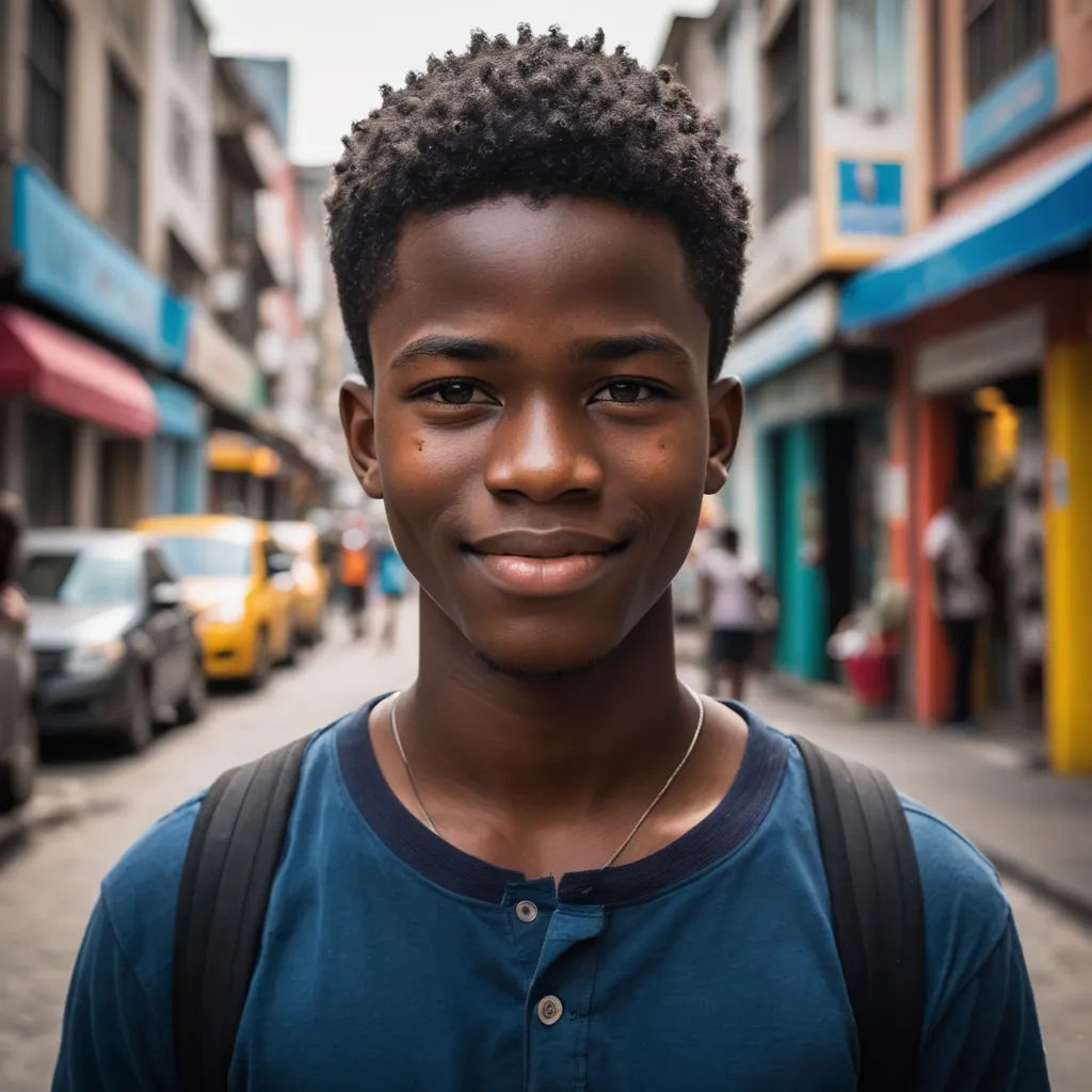 a young boy standing in front of a street with cars parked on the side of the road and people walking on the street, harlem renaissance, a character portrait, Bruce Onobrakpeya, portrait photography