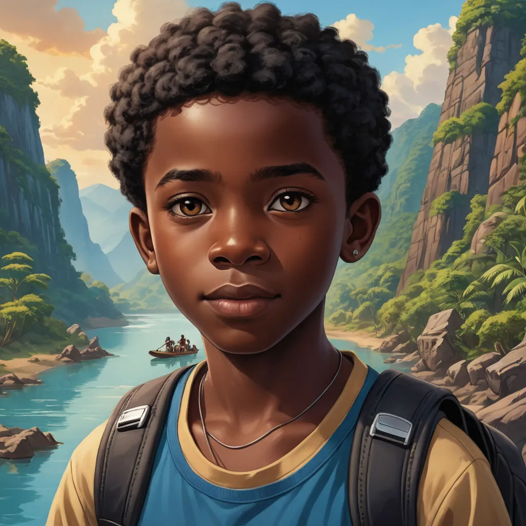 a boy with a backpack standing in front of a river and mountains with a boat in the water and a person in a yellow shirt, photorealism, poster art, Aaron Jasinski, highly detailed digital painting