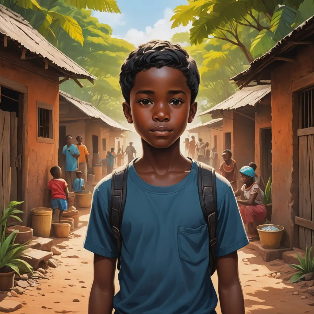 a painting of a boy standing in a village with people in the background and a sky background with clouds, magical realism, a detailed painting, Chinwe Chukwuogo-Roy, book cover