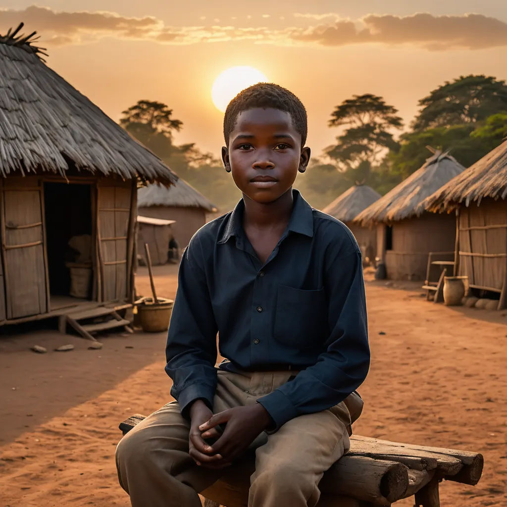 a boy sitting on a bench in front of a village with huts and a sunset in the background,, primitivism, a portrait, Bruce Onobrakpeya, award-winning photograph