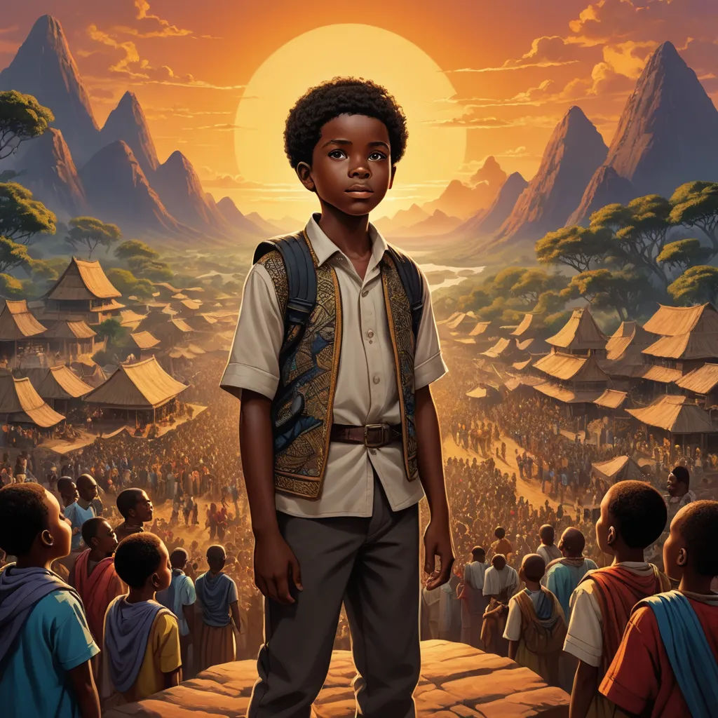 a painting of a boy standing in front of a crowd of people in a mountainous area with a mountain range in the background, afrofuturism, a detailed matte painting, Cedric Seaut (Keos Masons), official art