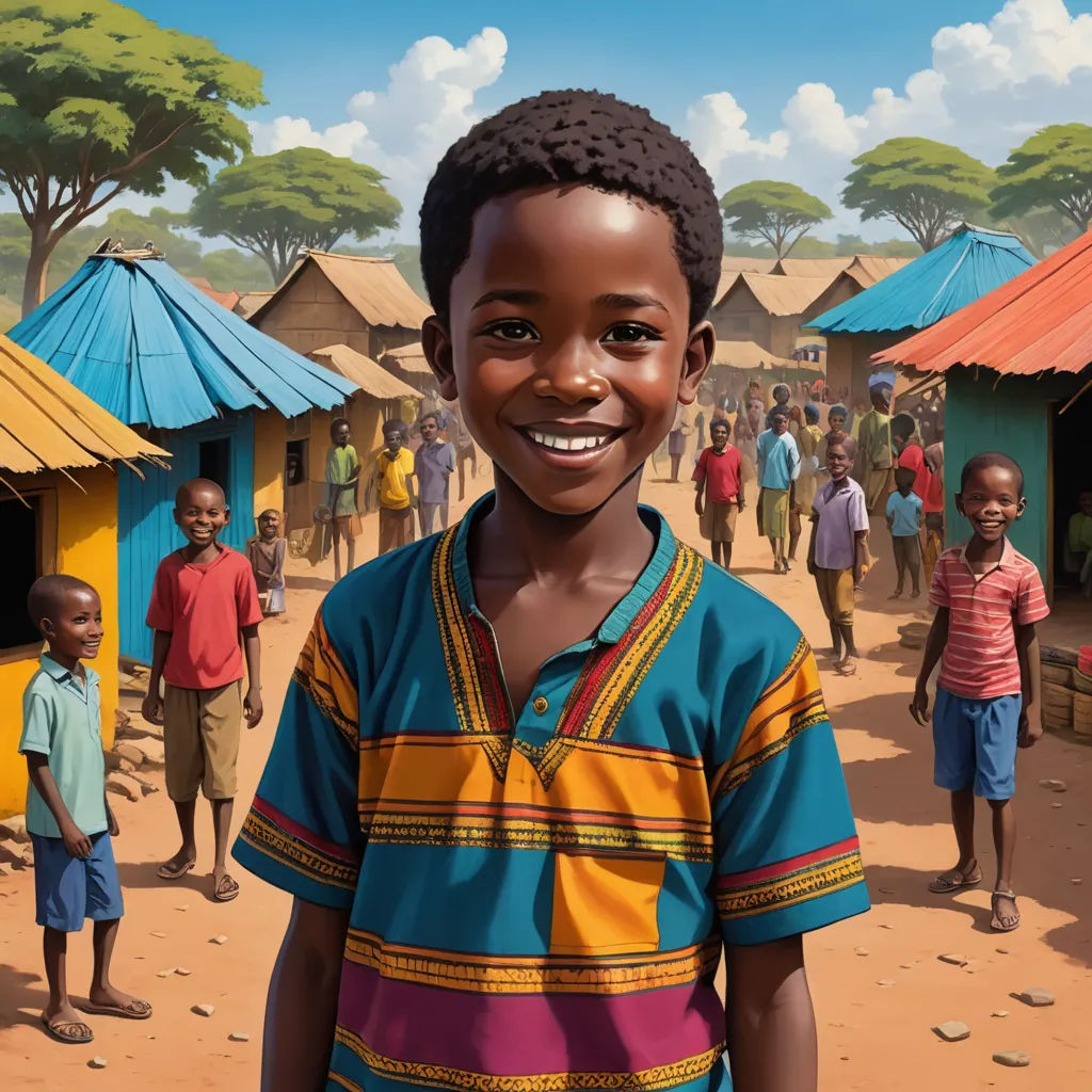 a boy standing in front of a group of people in a village with tents and trees in the background, american scene painting, a storybook illustration, Aaron Jasinski, highly detailed digital painting