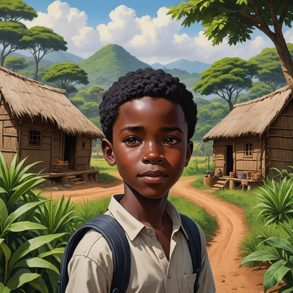 a painting of a boy in a village with a dirt road and a dirt road leading to a small hut, fantastic realism, a character portrait, Aaron Jasinski, highly detailed digital painting