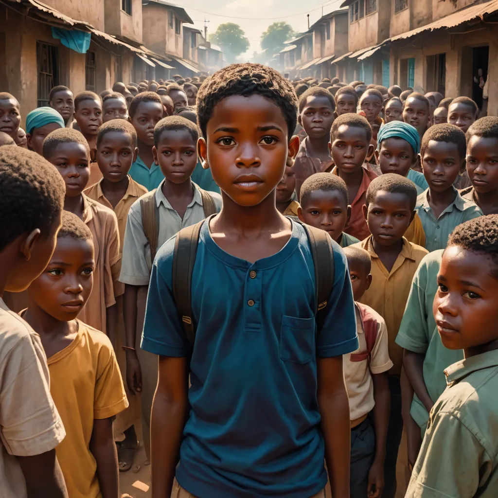 a group of children standing in a street with buildings in the background and a boy in a blue shirt standing in front of a group of them, neoism, a poster, Bernard Accama, cinematic still