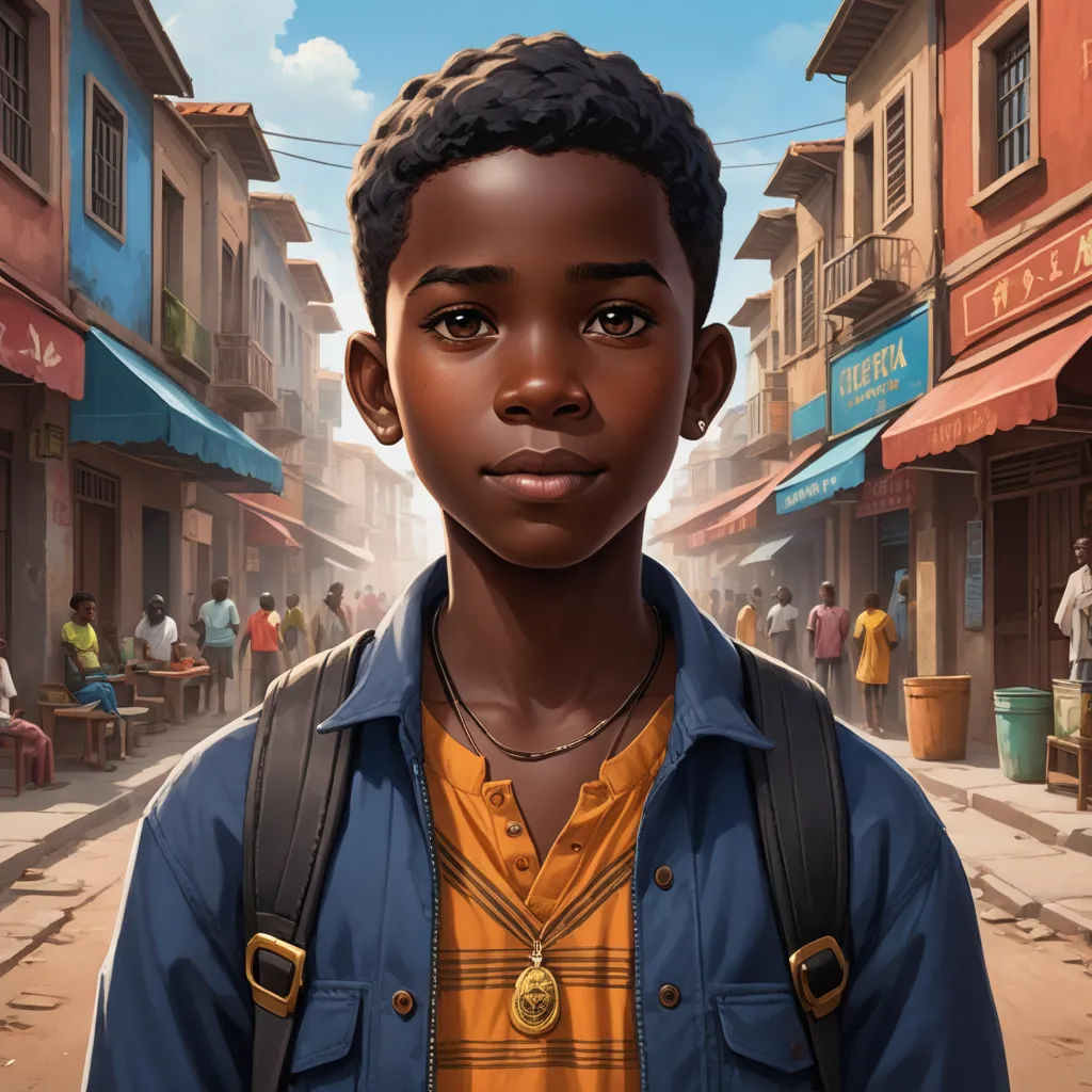 a boy with a backpack standing in front of a street with people on it and a sky background with clouds, photorealism, a character portrait, Chris LaBrooy, key art
