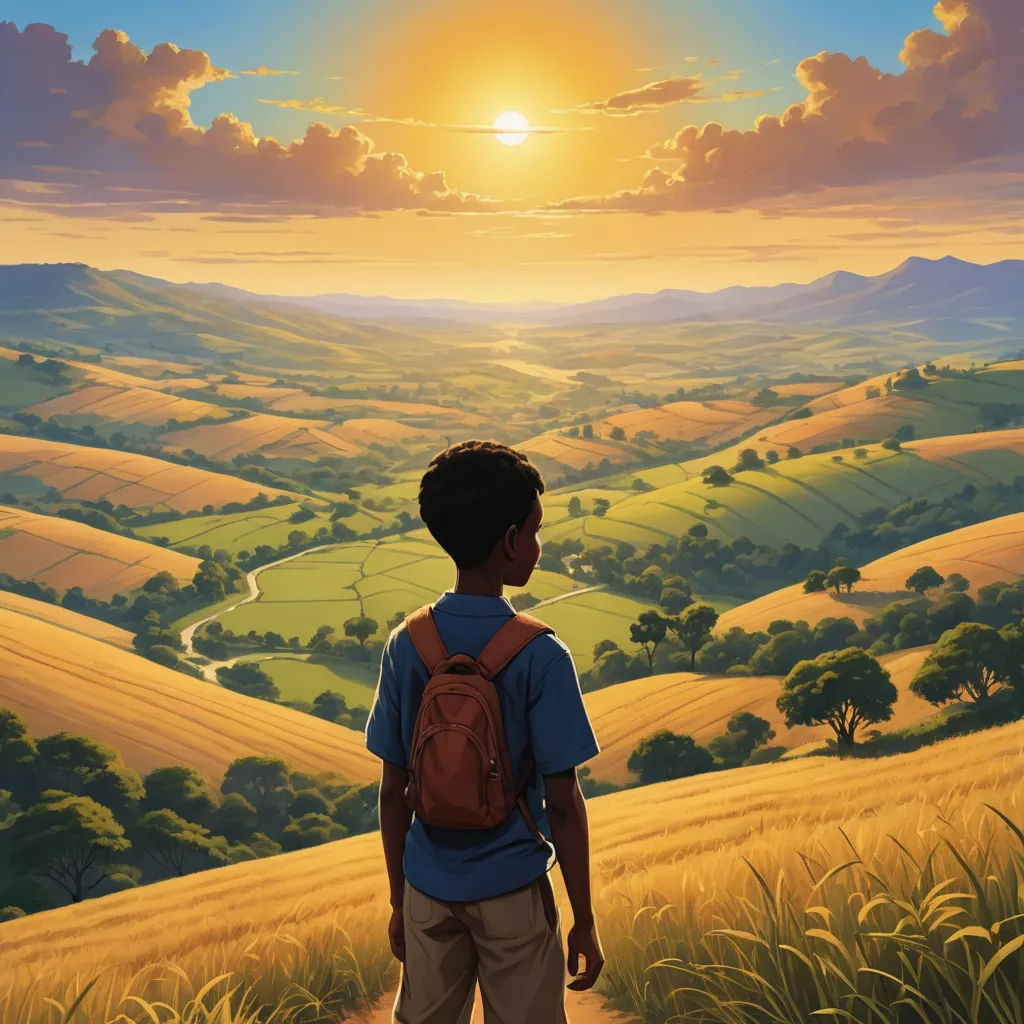 a painting of a boy with a backpack looking at a beautiful landscape with hills and fields in the background, afrofuturism, a storybook illustration, Aaron Jasinski, book cover