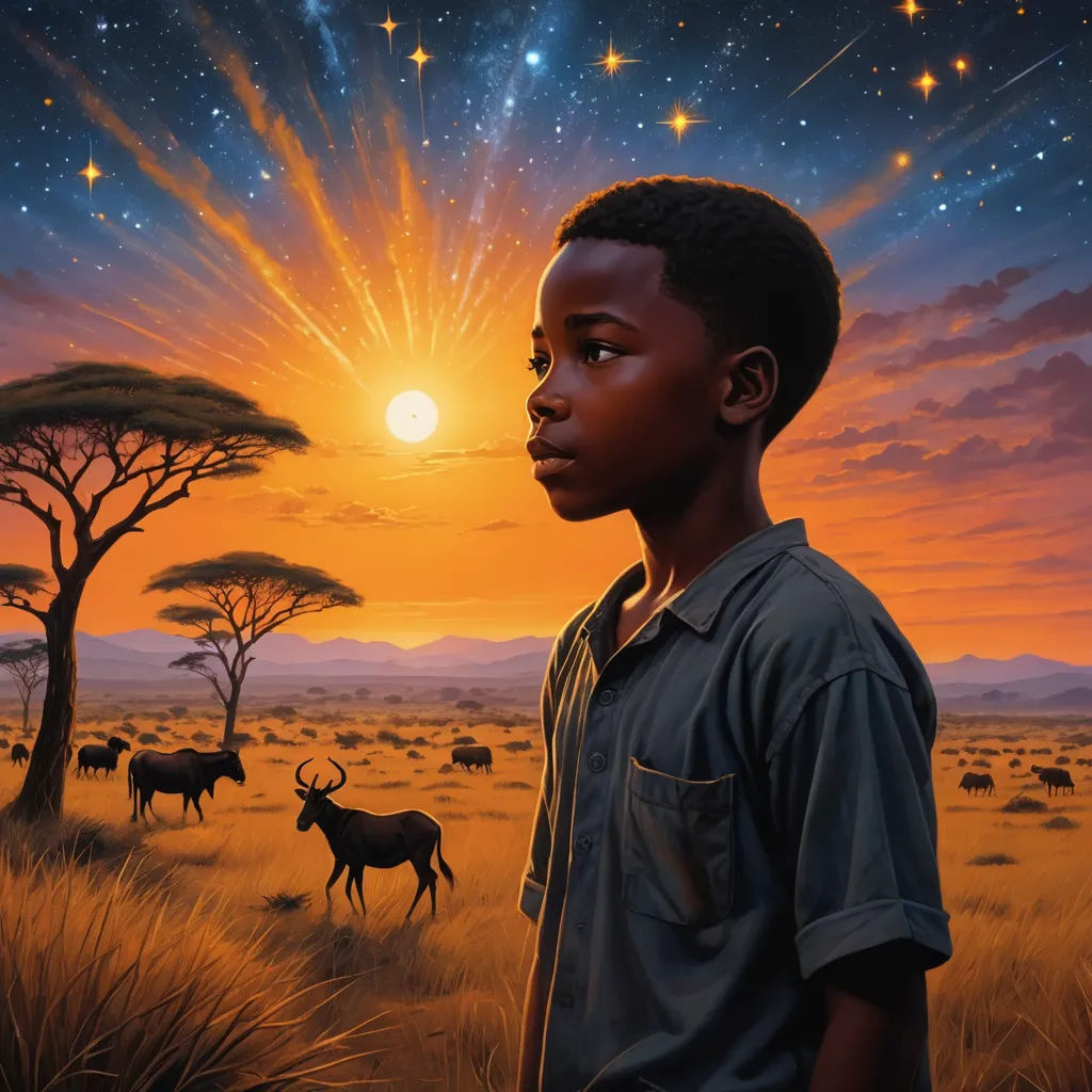 a painting of a boy standing in a field with animals in the background at sunset with stars in the sky, afrofuturism, an airbrush painting, Chris LaBrooy, highly detailed digital painting