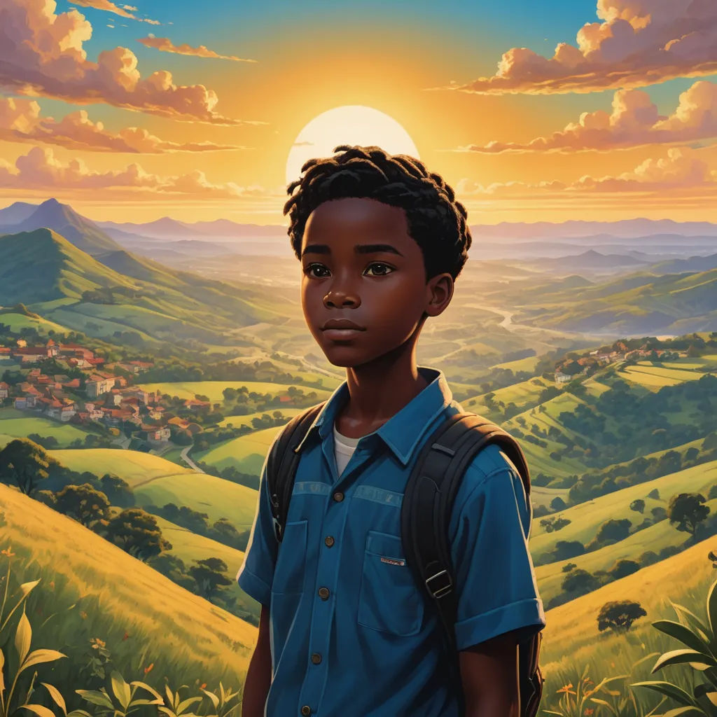 a painting of a boy with a backpack standing in front of a sunset over a valley with hills and houses, magical realism, poster art, Aaron Jasinski, key art