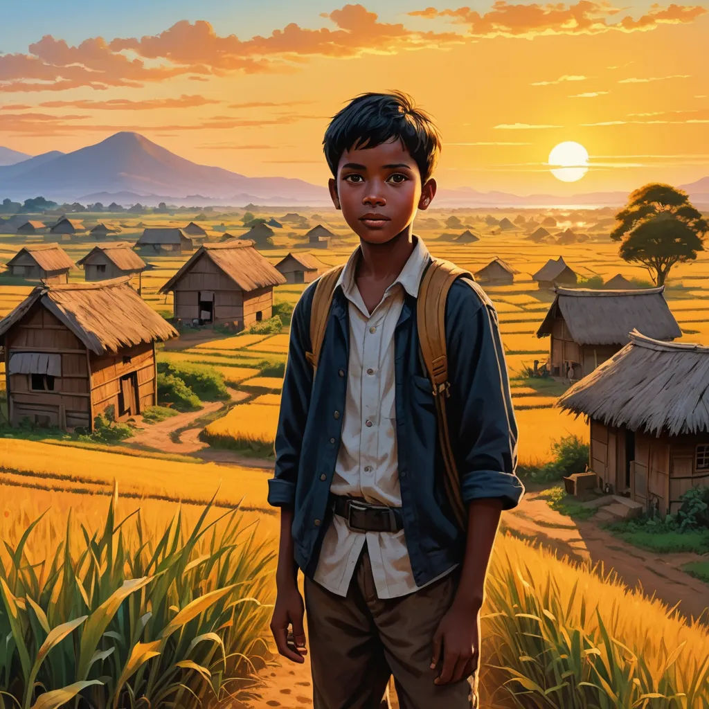 a painting of a boy standing in a field with a sunset in the background and a village in the background, samikshavad, a detailed matte painting, Bhupen Khakhar, key art