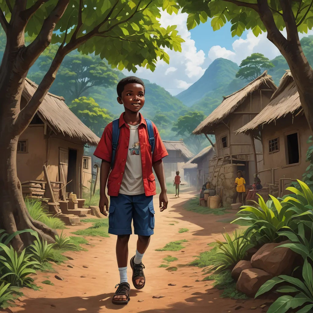 a painting of a boy walking down a dirt road in front of a village with thatched roofs and a mountain in the background, american scene painting, a storybook illustration, Chris LaBrooy, highly detailed digital painting