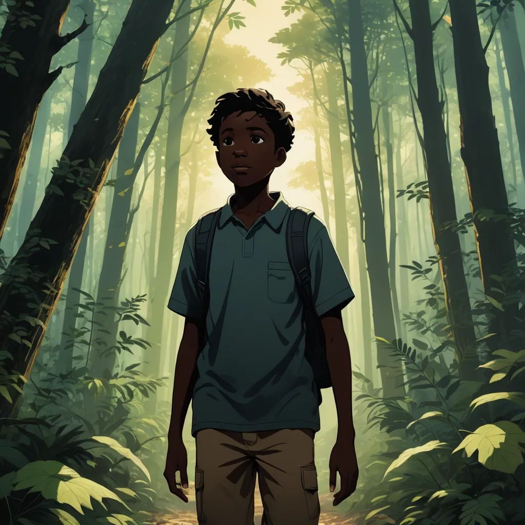 a boy standing in a forest with a backpack on his back and a backpack on his shoulder, looking at the camera, serial art, poster art, Cedric Seaut (Keos Masons), key art
