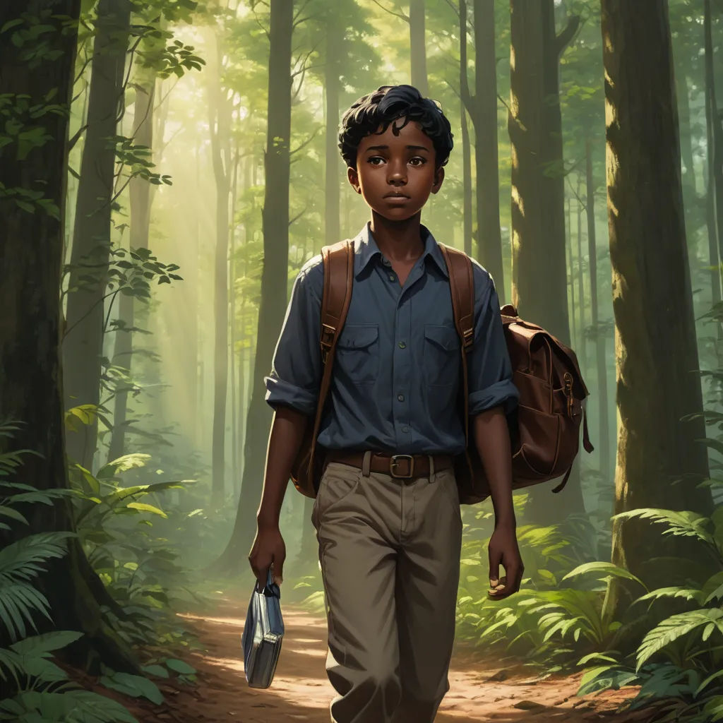 a painting of a boy walking in the woods with a backpack on his back and a book in his hand, magical realism, a character portrait, Aaron Jasinski, key art