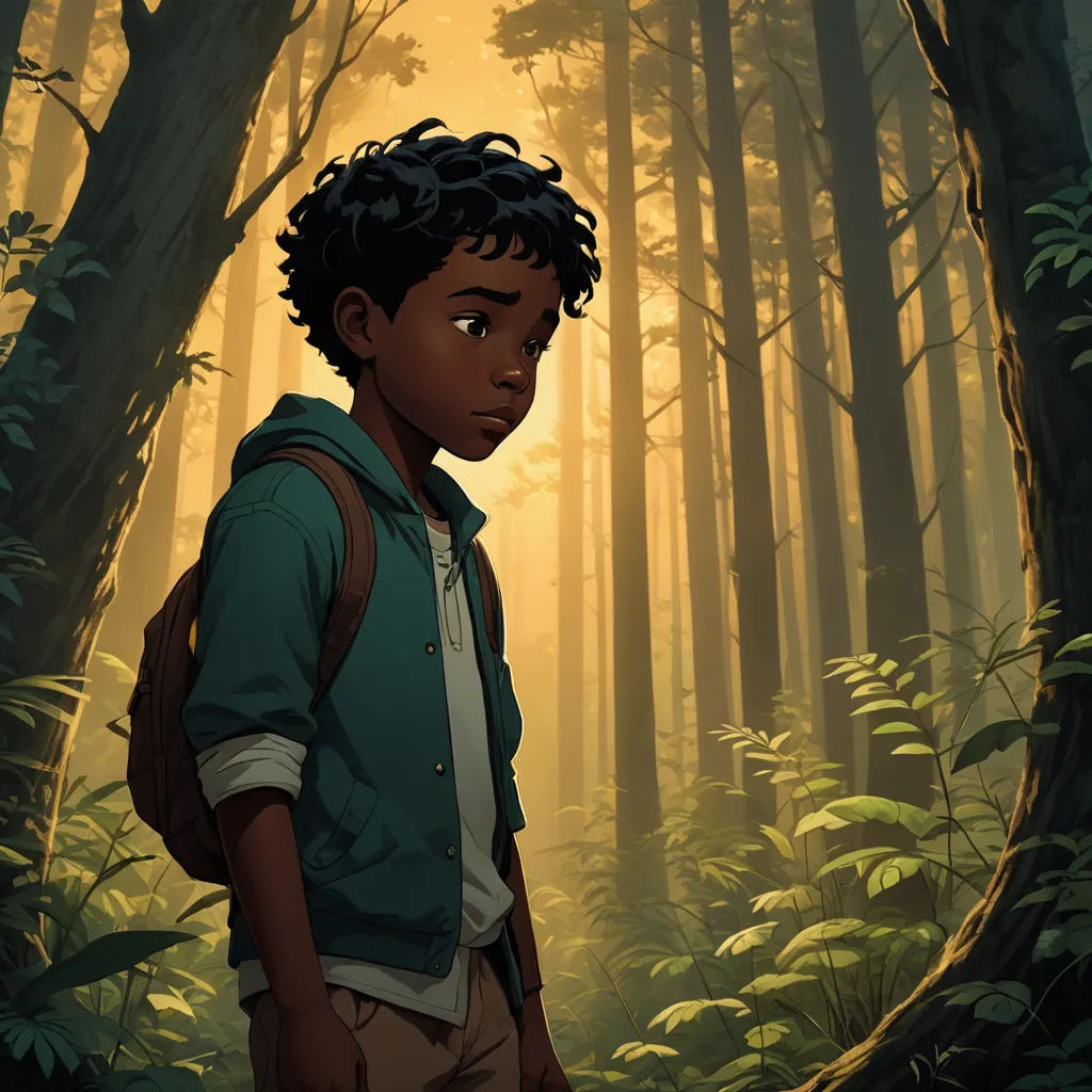 a boy standing in a forest with a backpack on his back and a sunbeam in the background,, magical realism, a character portrait, Cedric Seaut (Keos Masons), official art