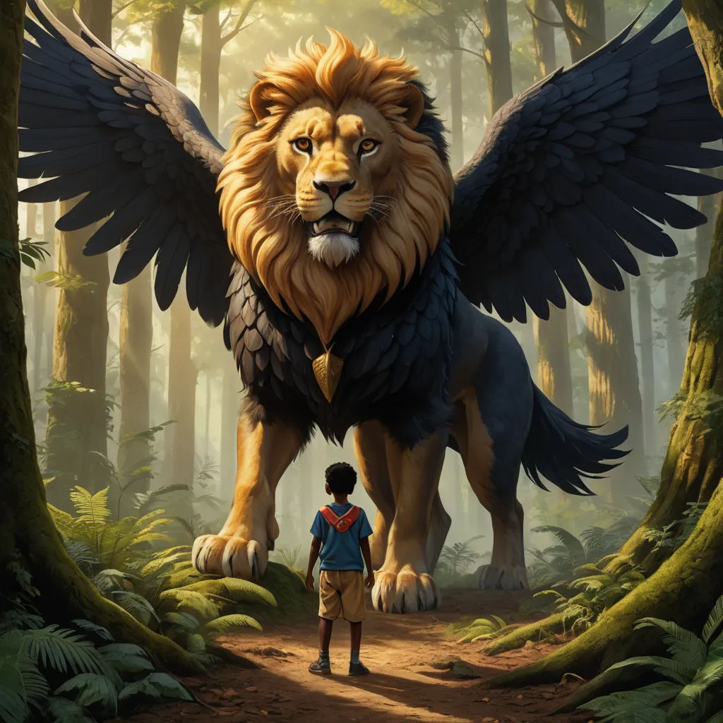 a man standing in front of a large lion in a forest with wings outstretched to the side of him, magical realism, a storybook illustration, Chris LaBrooy, book cover