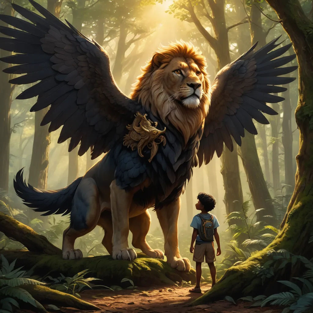 a lion with wings standing in a forest with a boy looking at it from the ground below it,, fantasy art, a storybook illustration, Chris LaBrooy, official art