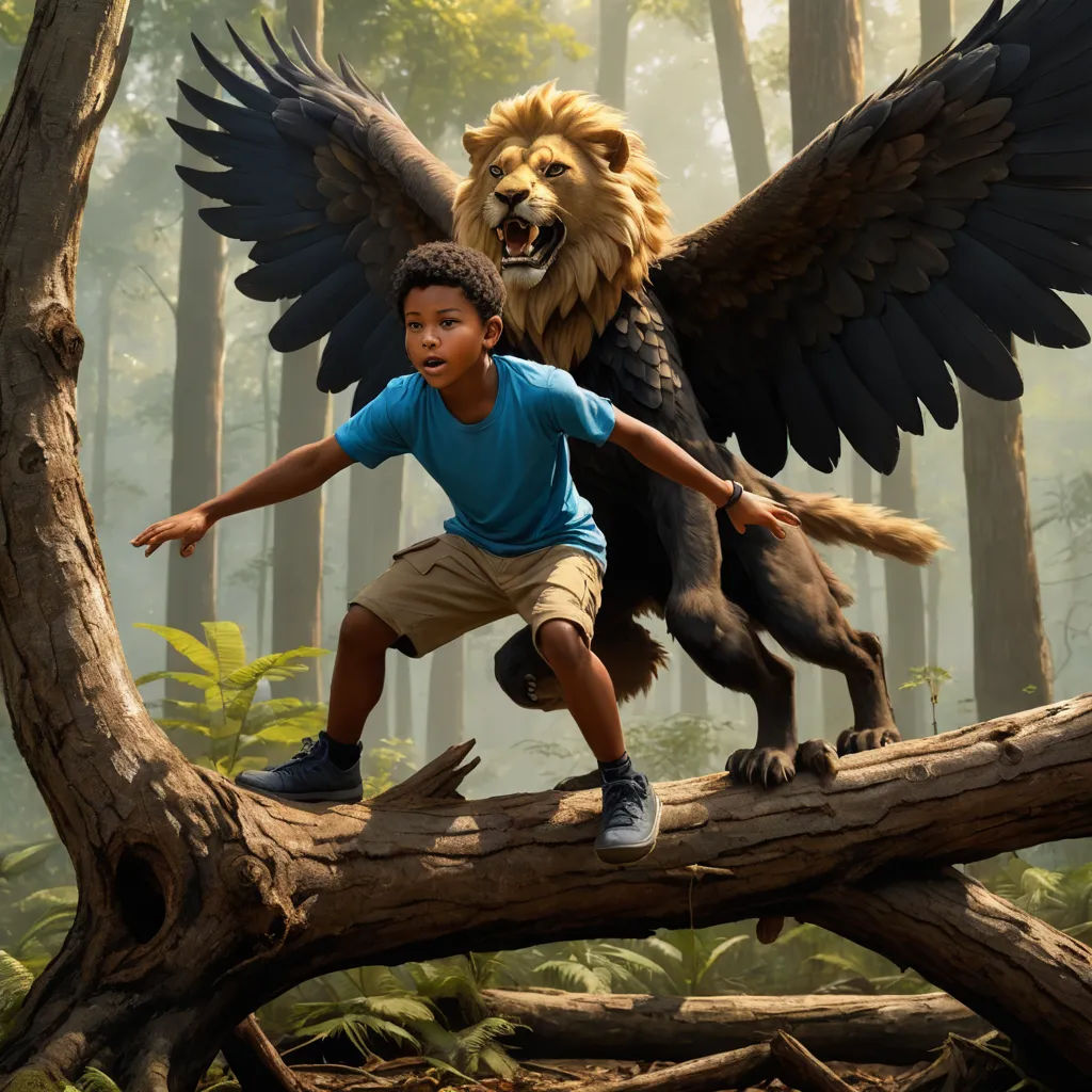 a boy on a branch with a large bird on his shoulder and a lion on his back, in a forest, magical realism, a detailed matte painting, Chris LaBrooy, weta digital