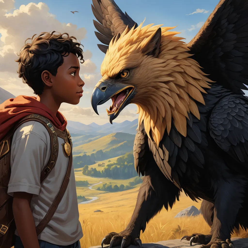 a boy and a bird are facing each other in a painting style, with mountains in the background and a sky with clouds, fantasy art, a storybook illustration, Chris LaBrooy, official art