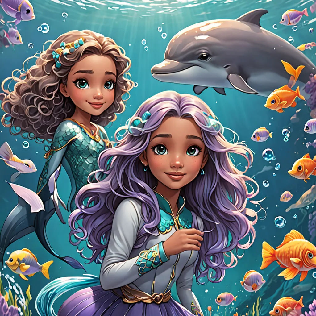 a painting of a mermaid and a dolphin in the ocean with bubbles and fish around her, and a dolphin in the background, Artgerm, fantasy art, a storybook illustration, highly detailed digital painting